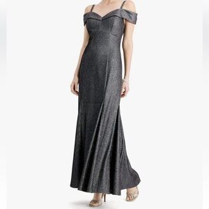 R&M Richards Silver Pewter metallic Off Shoulder Dress 8